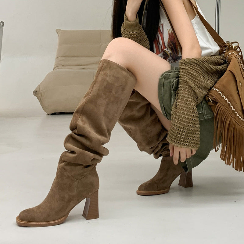 Botas mujer alta tacon grueso color Caqui ante
