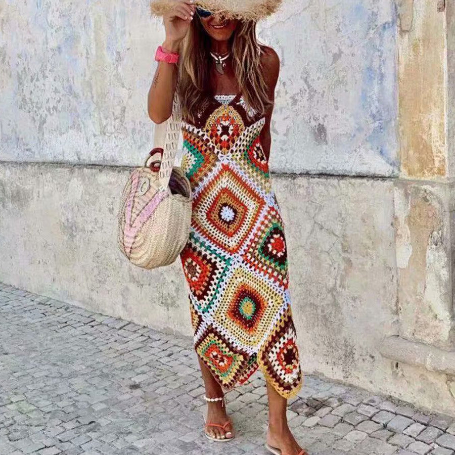 Vestido multicolor Croché espalda cruzada