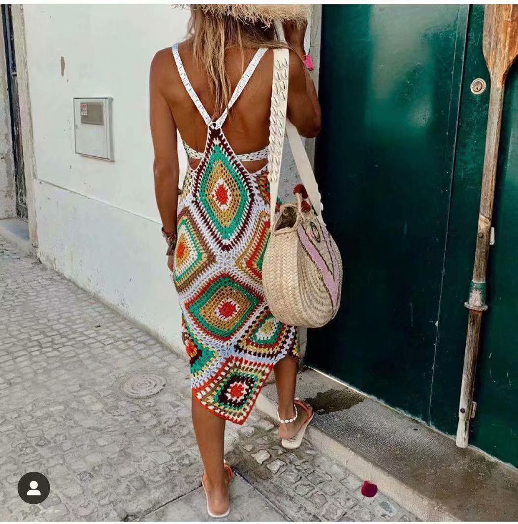 Vestido multicolor Croché espalda cruzada