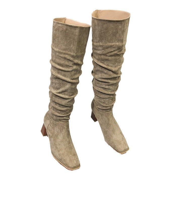 Botas mujer alta tacon grueso color Caqui ante