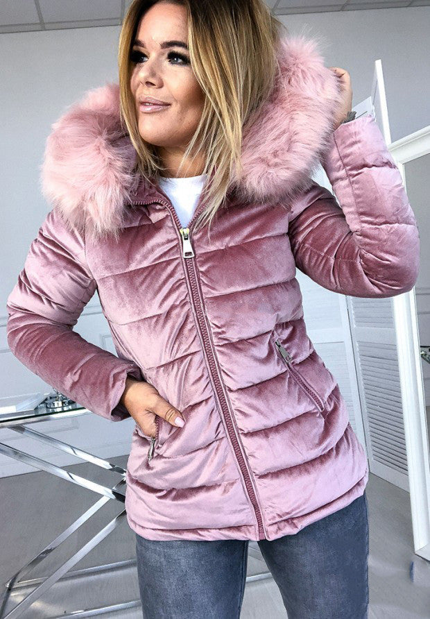 Abrigo mujer capucha pelito terciopelo Gris o Rosa