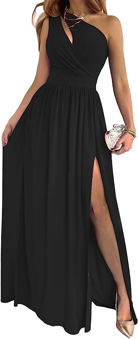 Vestido fiesta largo mujer escote asimétrico 1 hombro apertura falda varios colores