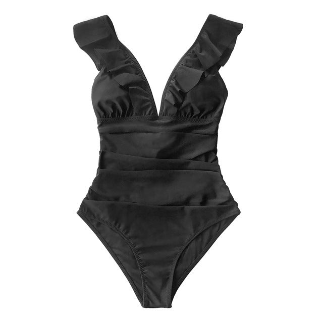 Bañador liso escote volante 2 colores Negro o Granate