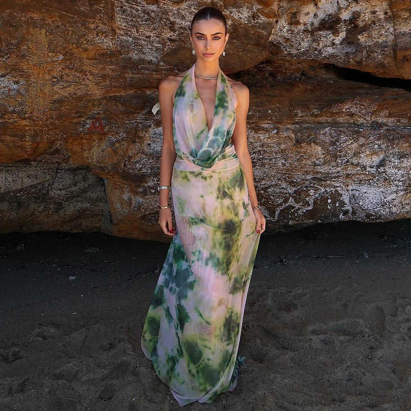 Vestido mujer verano espalda descubierta escote floreado dos tonos