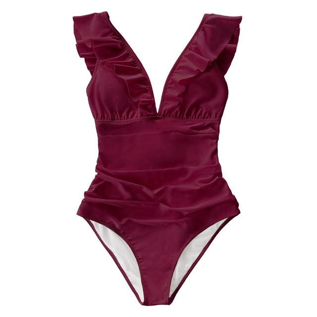 Bañador liso escote volante 2 colores Negro o Granate