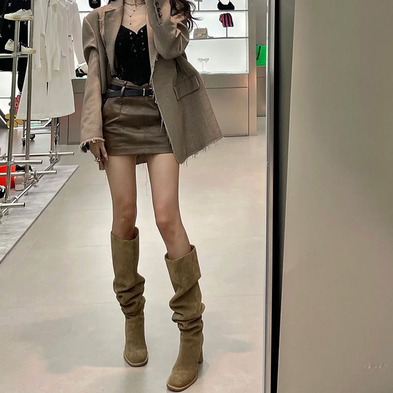 Botas mujer alta tacon grueso color Caqui ante