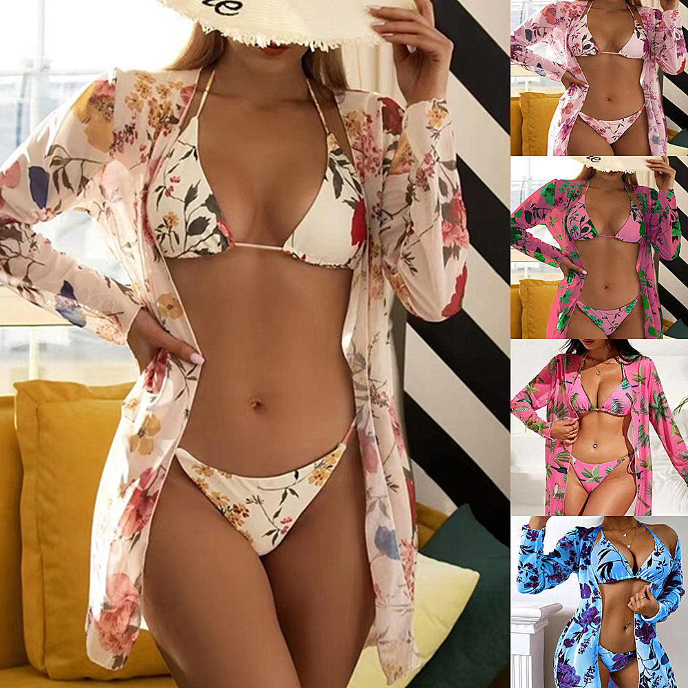 Conjunto bikini y kimono 3 piezas manga larga varios tonos