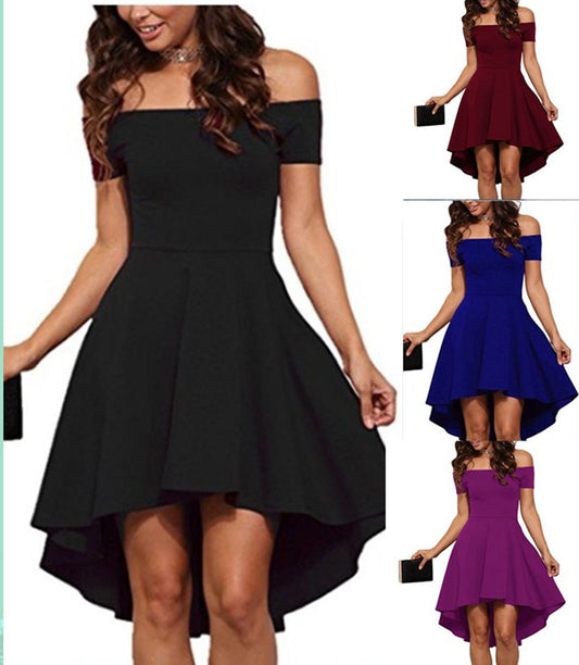 Vestido cóctel mujer asimétrico corto escote hombro caido varios colores