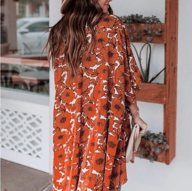 Kimono mujer largo estampado naranja