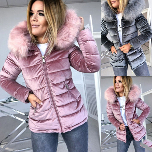 Abrigo mujer capucha pelito terciopelo Gris o Rosa