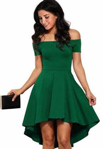 Vestido cóctel mujer asimétrico corto escote hombro caido varios colores