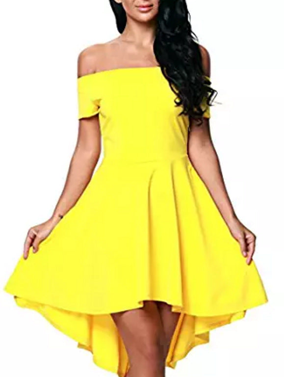 Vestido cóctel mujer asimétrico corto escote hombro caido varios colores