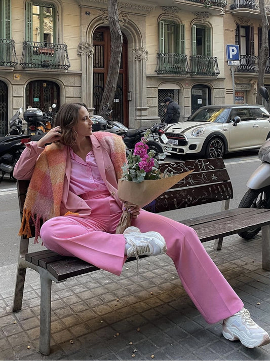 Pantalón cintura alta pata ancha mujer Rosa