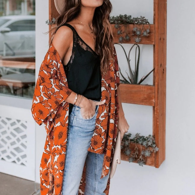 Kimono mujer largo estampado naranja