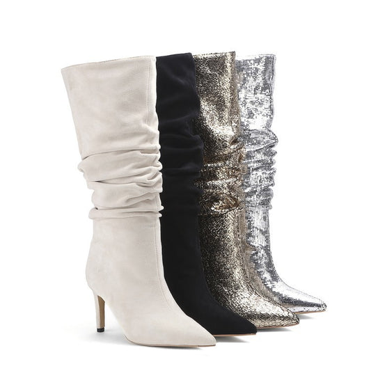 Botas mujer midi plisada Dorada, plateada negra o beige