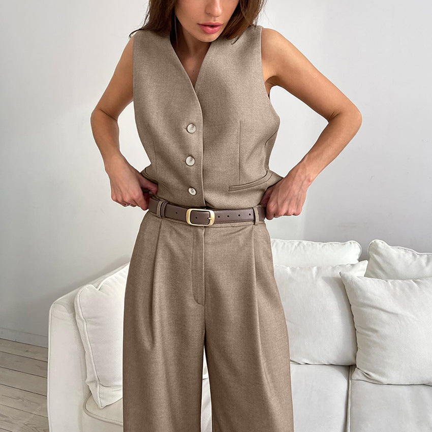 Conjunto mujer traje pantalón recto oversize y chaleco color marrón o gris