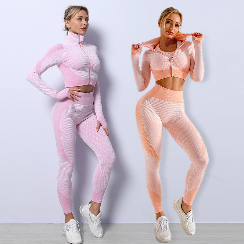 Conjunto Fitness mujer 3 piezas, leggin top y chaqueta con cremallera y manga larga - varios colores diferentes